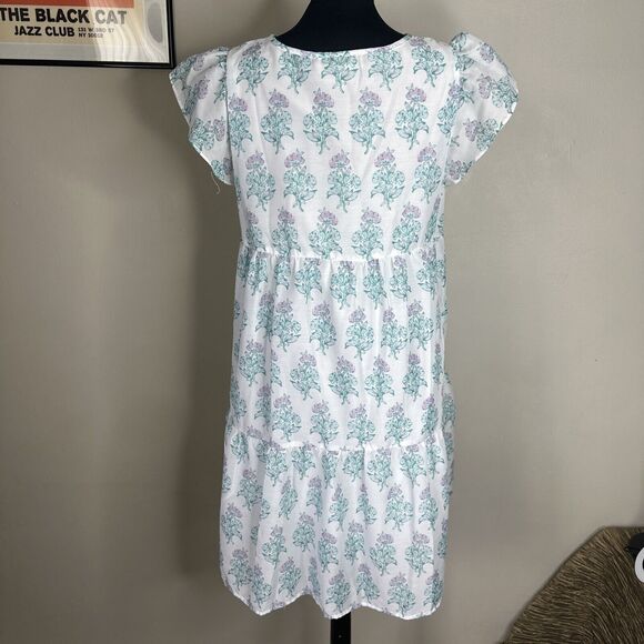 J Marie CECILIA RUFFLE SLEEVE DRESS Sz Large Tiered White Teal Floral Print - Picture 3 of 11